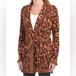 525 Belted Long Sleeve Fringe Trim Cardigan Sweater Leopard Red Brown Small